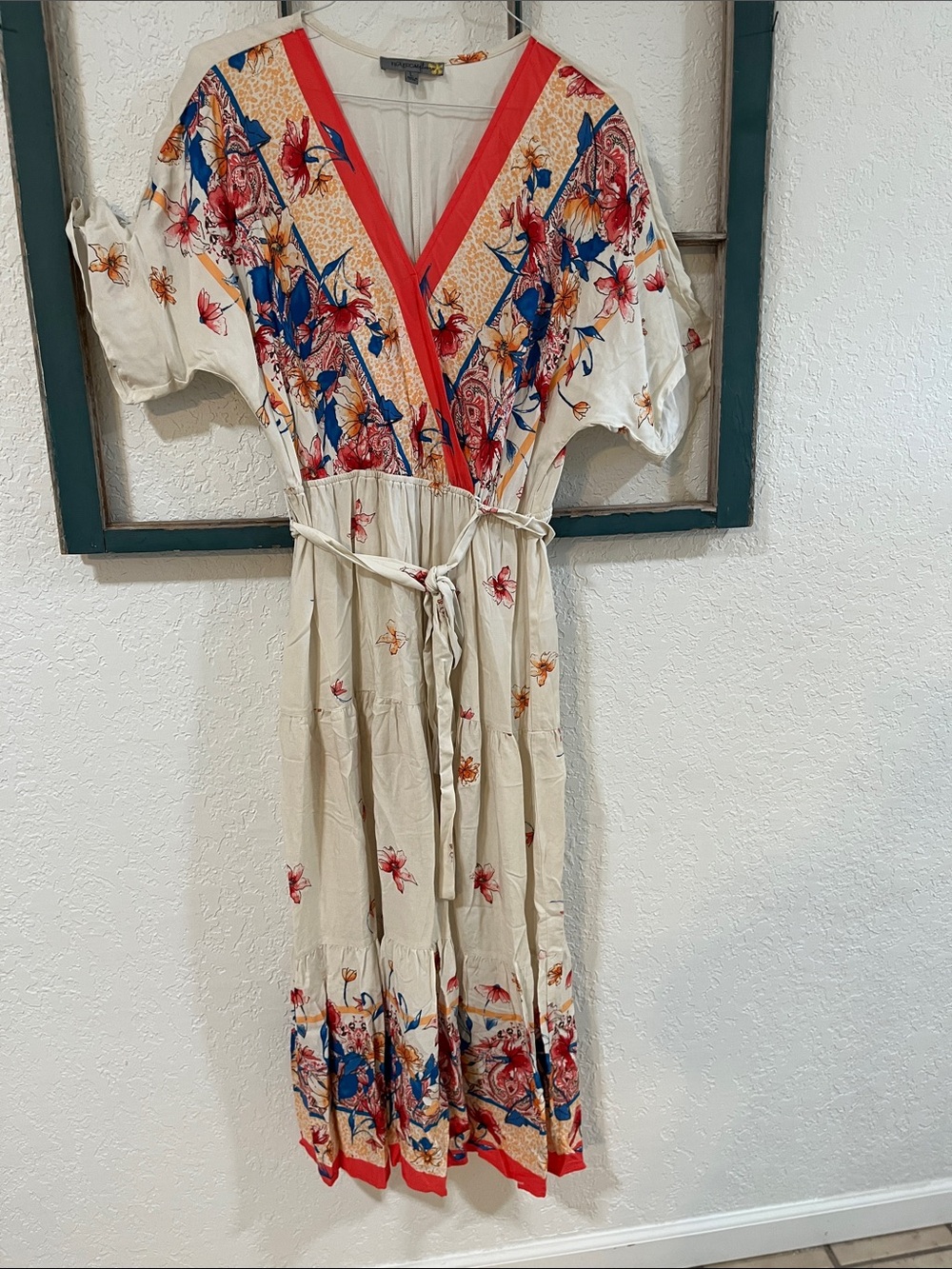 Figueroa flower Floral Maxi Dress in Cream with Red Trim Sz LG